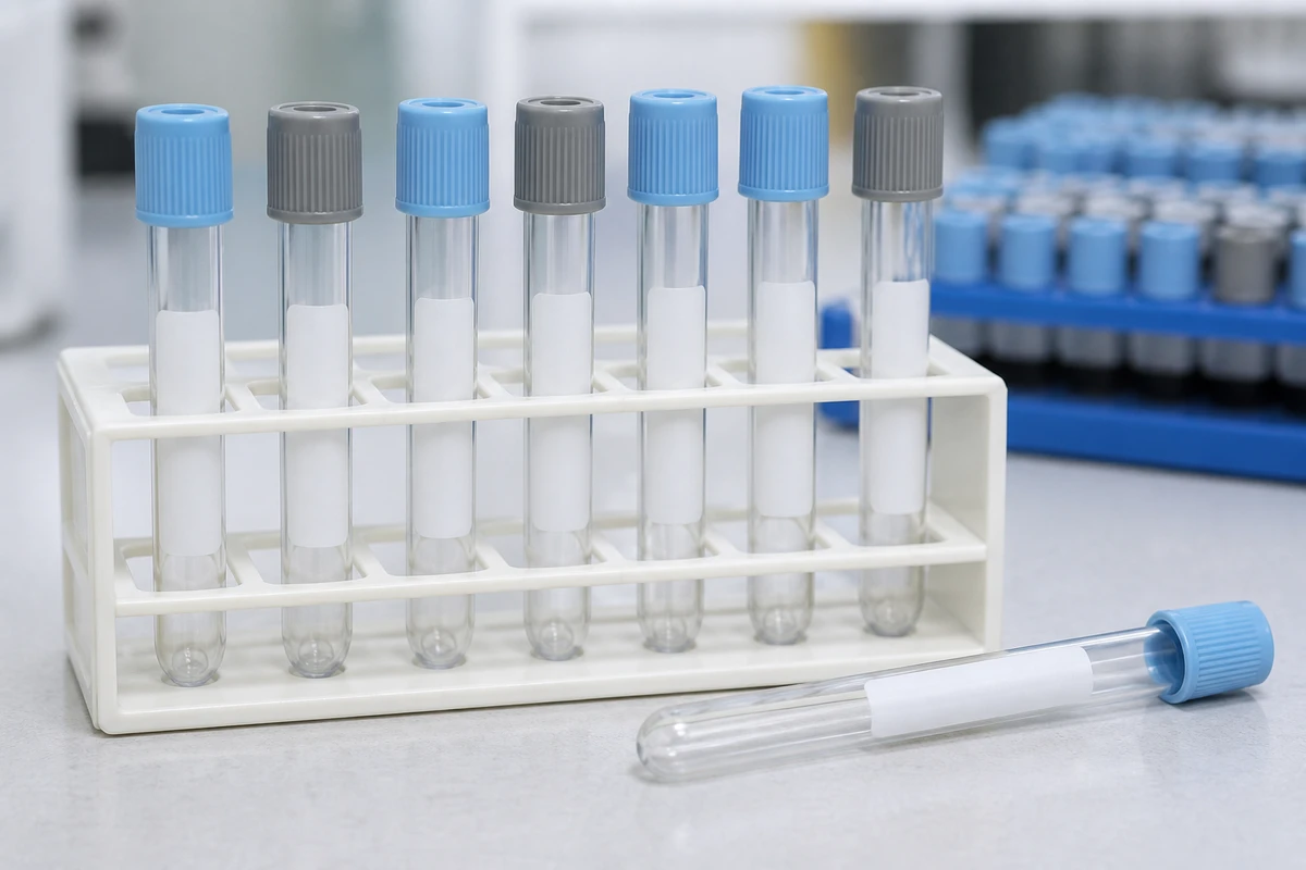 Slender round-bottom blood collection tubes with blue and gray closures in a rack