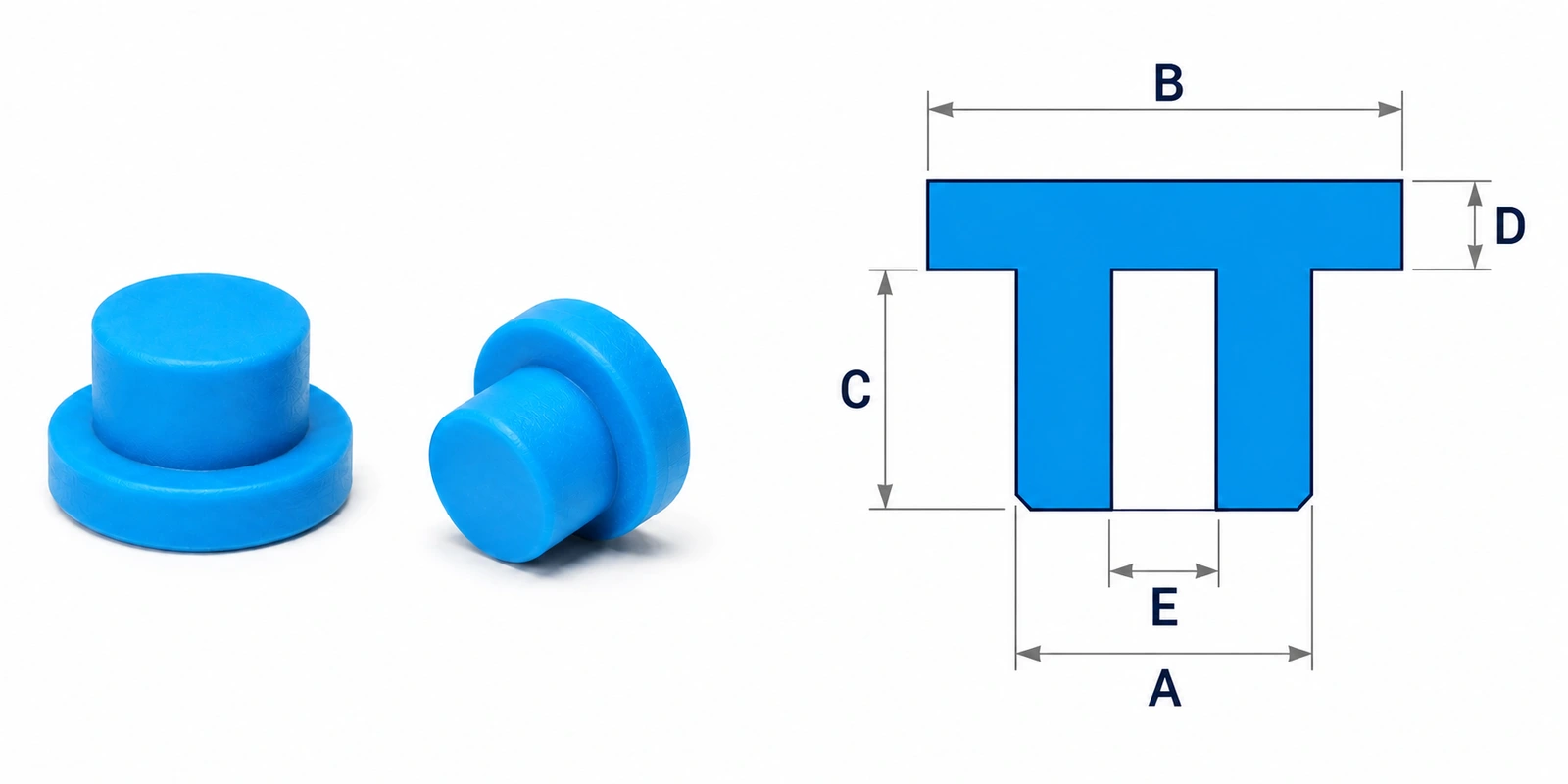 Blue solid butyl rubber stoppers and illustrated section: A across the body, B across the flange, C below the flange, D flange thickness and E internal opening