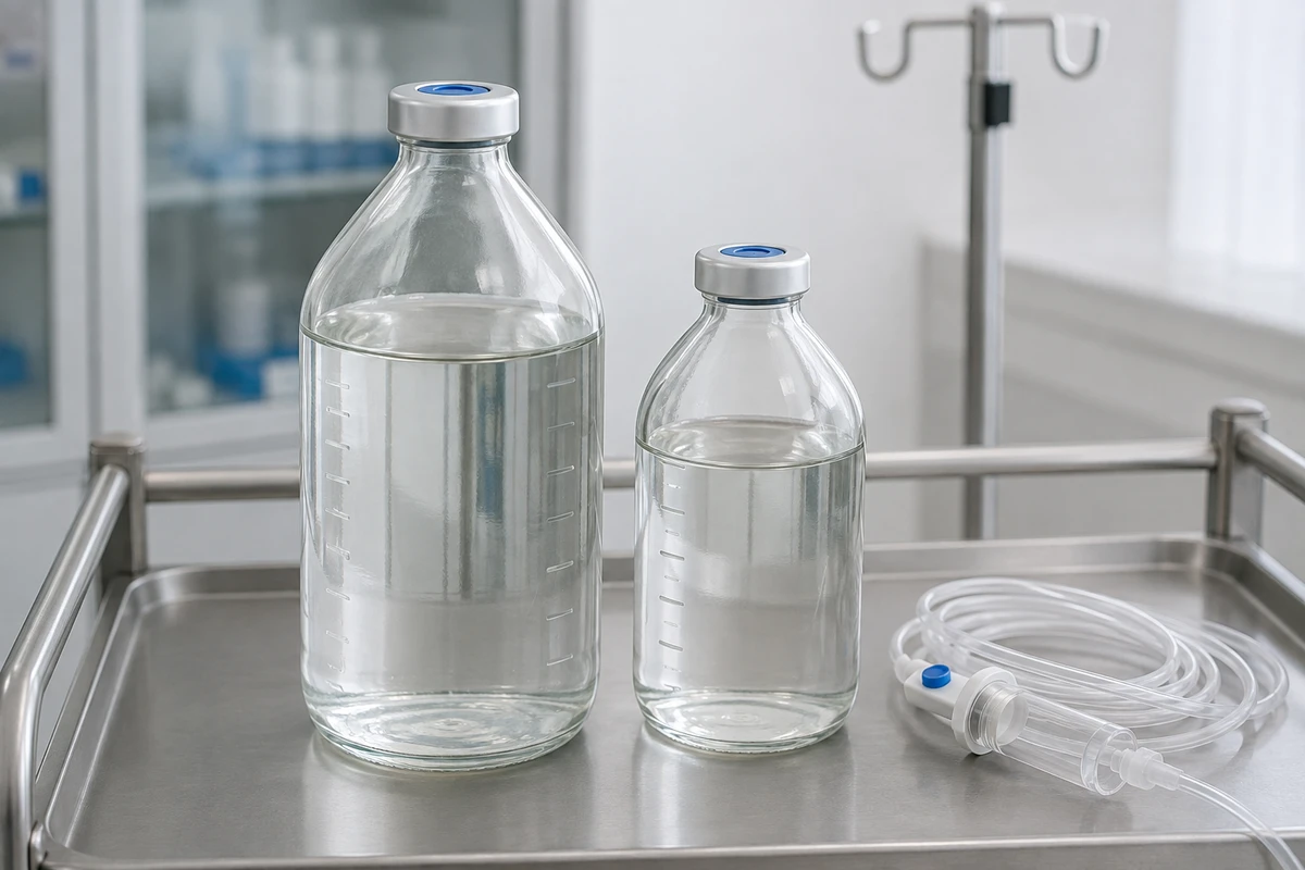 Large glass infusion bottles beside a disconnected infusion giving set