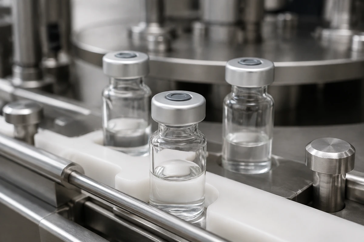 Small liquid-filled injection vials on a pharmaceutical packaging line