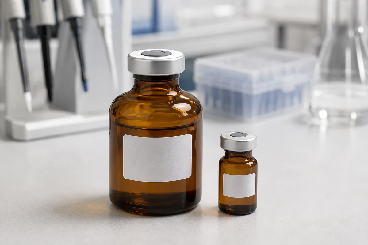 Amber serum sample bottles with crimp closures on a research laboratory bench