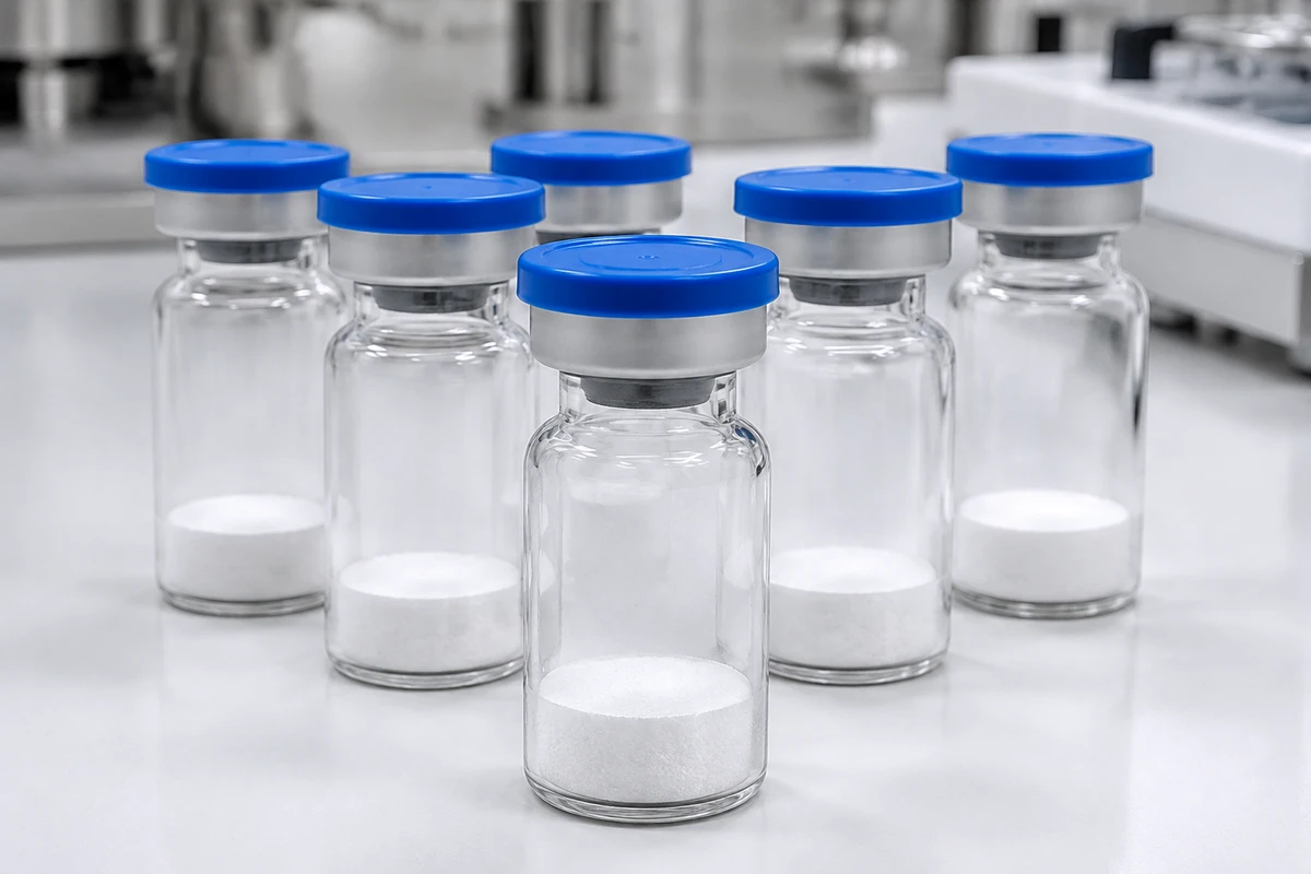 Finished vials containing white freeze-dried cakes with blue flip-off tops and silver aluminum crimp skirts