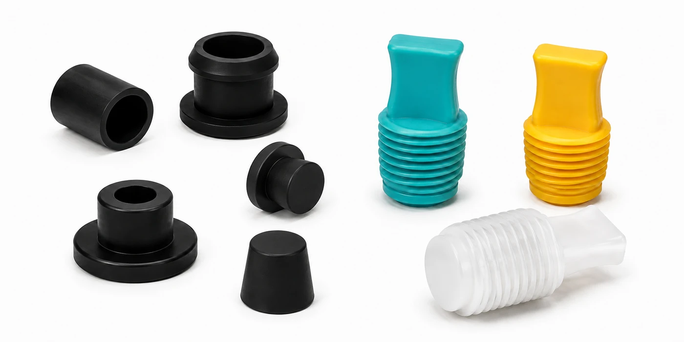 Black rubber caps and colorful threaded silicone stoppers