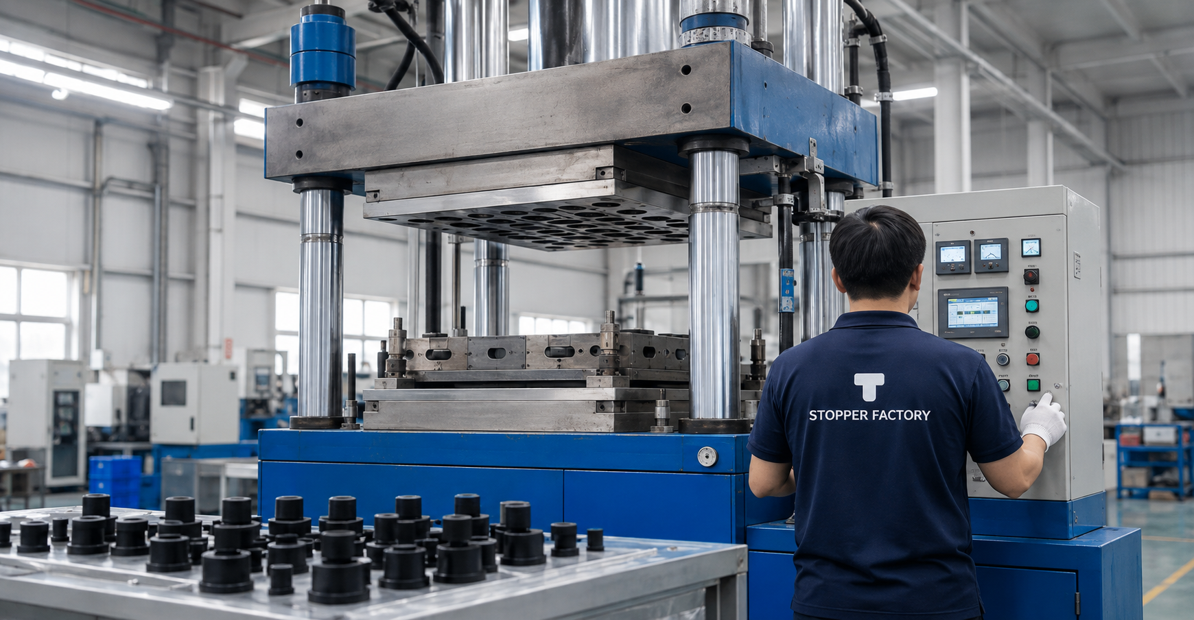 Operator producing rubber stoppers with a flat platen vulcanizing press